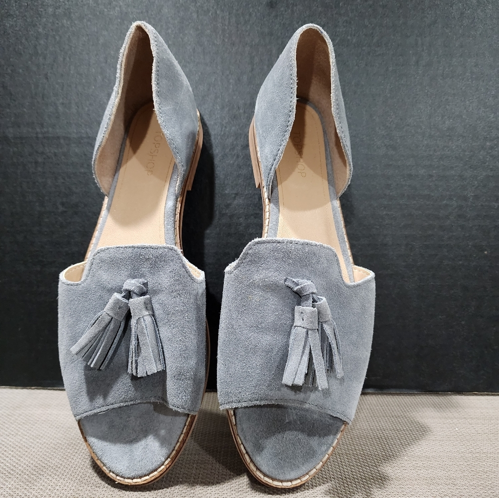 Topshop gray suede tassle open toe loafer size 10.5 NEW